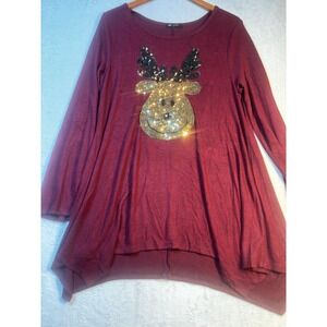 Christmas Holiday‎ Shirt Burgundy Sequin Deer Rudolph Gift Gold Women's Medium